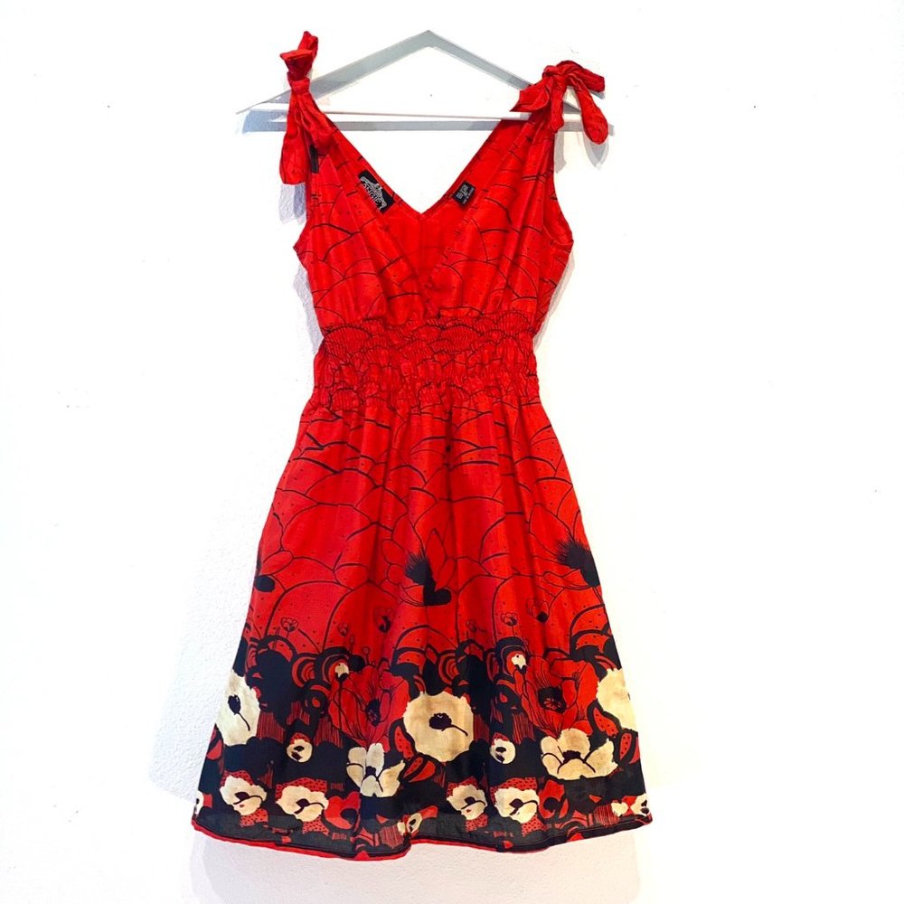 Angie Tropical Floral V-neck Red Dress with Smocked Waist